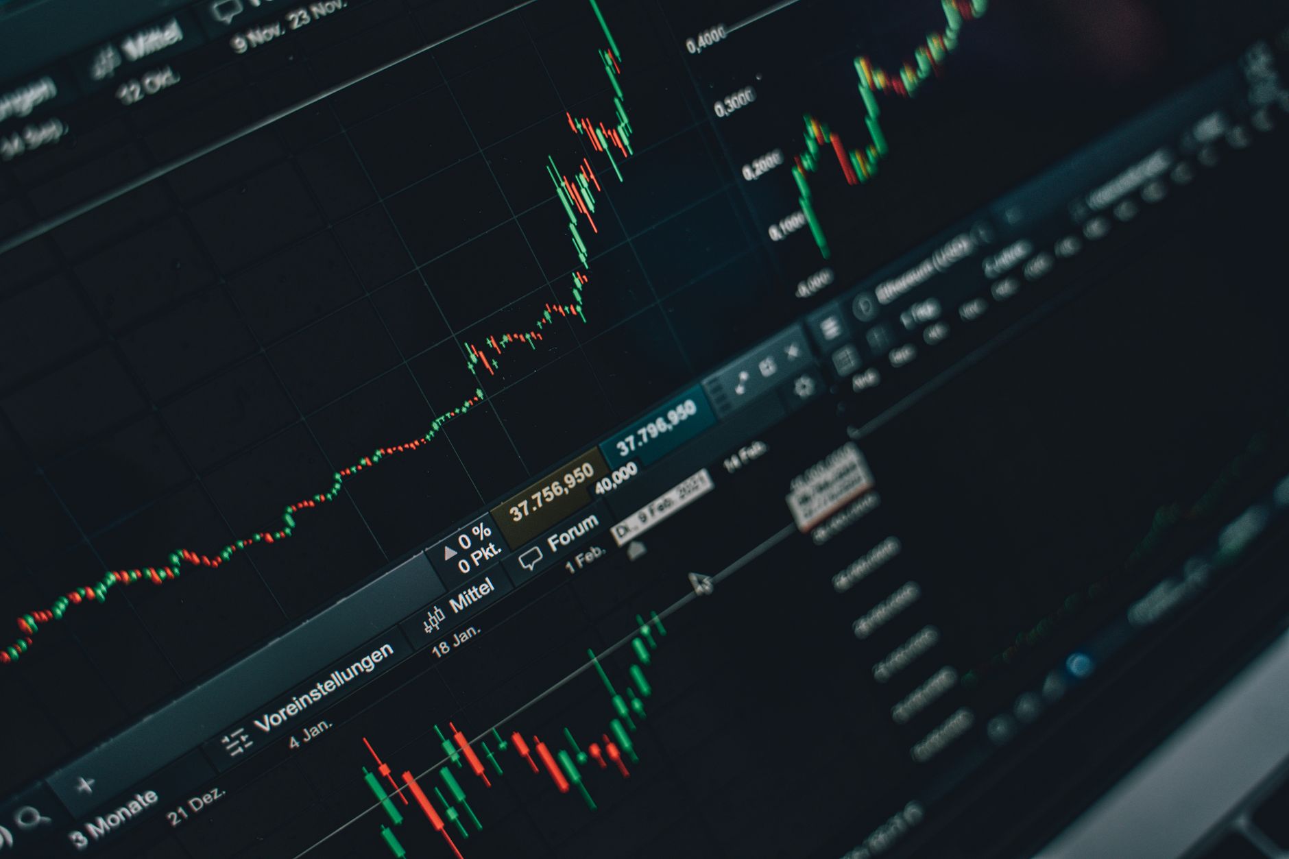 Trading charts on a dark screen